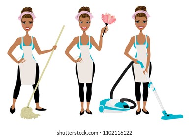 Cleaning lady in three different poses with vacuum cleaner, mop and duster cleaner.  Adult brunette vector maid cleaning graphic. Housewife cleaning with mop, vacuum, and duster. Rag on head.