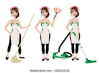 Cleaning lady in three different poses with vacuum cleaner, mop and duster cleaner.  Adult brunette vector maid cleaning graphic. Housewife cleaning with mop, vacuum, and duster. Rag on head.