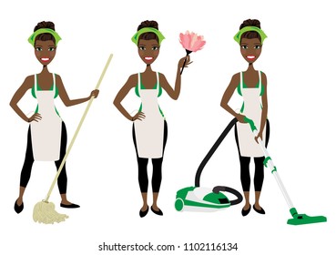 Cleaning lady in three different poses with vacuum cleaner, mop and duster cleaner.  Adult brunette vector maid cleaning graphic. Housewife cleaning with mop, vacuum, and duster. Rag on head.