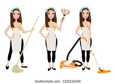 Cleaning lady in three different poses with vacuum cleaner, mop and duster cleaner.  Adult brunette vector maid cleaning graphic. Housewife cleaning with mop, vacuum, and duster. Rag on head.