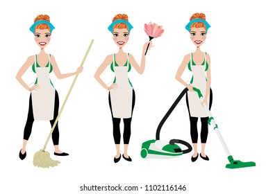 Cleaning lady in three different poses with vacuum cleaner, mop and duster cleaner.  Adult brunette vector maid cleaning graphic. Housewife cleaning with mop, vacuum, and duster. Rag on head.