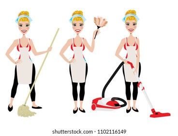 Cleaning lady in three different poses with vacuum cleaner, mop and duster cleaner.  Adult brunette vector maid cleaning graphic. Housewife cleaning with mop, vacuum, and duster. Rag on head.