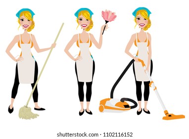 Cleaning Lady Three Different Poses Vacuum Stock Vector (Royalty Free ...