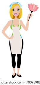 Cleaning lady in three different poses with vacuum cleaner, mop and duster cleaner.  Adult brunette vector maid cleaning graphic. Housewife cleaning with mop, vacuum, and duster. Rag on head.