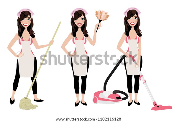 Cleaning Lady In Three Different Poses With Vacuum Cleaner Mop And Duster Cleaner Adult 