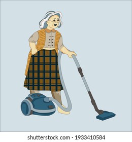 Cleaning lady with vacuum cleaner. Vector illustration. Hand drawn. Old lady. Isolated on background. Plaid skirt. Knitted vest. Grey hairs. Blue. 