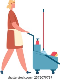 Cleaning lady walking while pushing a cart filled with various cleaning supplies, including cleaning products, a mop, and a sponge, showcasing dedication to maintaining hygiene and cleanliness