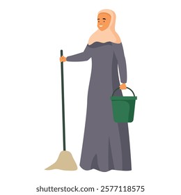 Cleaning lady wearing hijab holding mop and bucket, cleaning service, housekeeping, hygiene and tidiness concept