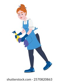 Cleaning lady wipes dust. Female character in linear flat style.