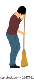 Cleaning Lady Wit Broom. Housemaid Cleaner With Besom Vector Illustration Isolated On White. Woman Floor Care Service With Washing Mop In Sterile Factory Or Clean Hospital. Housework Job. House Wife.