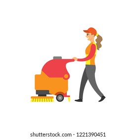 Cleaning lady woman wearing uniform, clean service at supermarket vector. Purity and tidiness of floor. Machine washing ground, hygiene and brushing