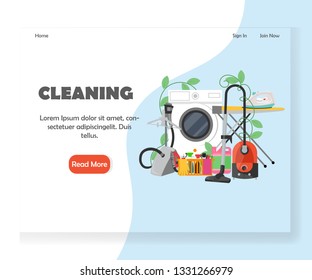 Cleaning landing page template. Vector flat style design concept for website and mobile site development for companies providing house cleaning, laundry, ironing services.