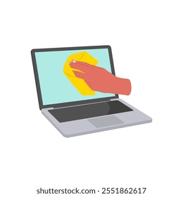 Ícone plano do laptop de limpeza, ilustração de vetor