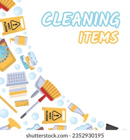 cleaning, laundry cartoon items corner shape. detergents, brushes, mops, soap, rags, washing machine, cleaning powders, products for cleaning house. vector cartoon corner shaped background.