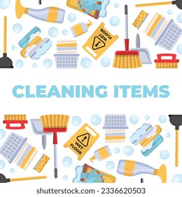 cleaning, laundry cartoon items horizontal banner. detergents, brushes, mops, soap, rags, washing machine, cleaning powders, products for cleaning house. vector cartoon horizontal background.