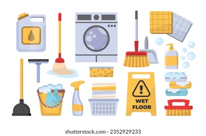 cleaning, laundry cartoon items set. isolated products for cleaning house, detergents, brushes, mops, soap, rags, washing machine, cleaning powders. vector cartoon oblects.