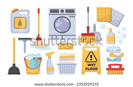 cleaning, laundry cartoon items set. isolated products for cleaning house, detergents, brushes, mops, soap, rags, washing machine, cleaning powders. vector cartoon oblects.