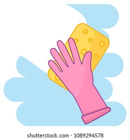 cleaning and laundry concept. hand in a rubber glove with sponge cleaning background vector illustration flat style