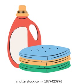 cleaning, laundry folded clothes and detergent bottle supplies tools equipment vector illustration
