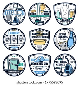 Cleaning and laundry housework icons, wash and clean service, vector. Home cleaning and laundry washing machine, cleaner mop, brush and broom, wash sponge, duster and spray, vacuum cleaner and bucket