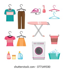 Cleaning, Laundry Icons Set, Housework, Appliance, Domestic Tools, Spring Season