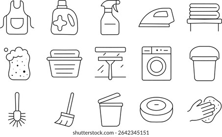 Cleaning and Laundry Line Icon Set. Includes Detergent, Mop, Washing Machine, Iron, Bucket, and More.