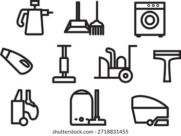 Conjunto de iconos de línea de limpieza y lavandería, Vector de equipos de limpieza del hogar