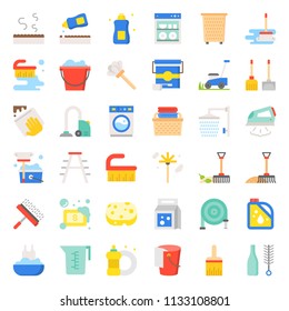 Cleaning and laundry service and equipment, flat  design icon set