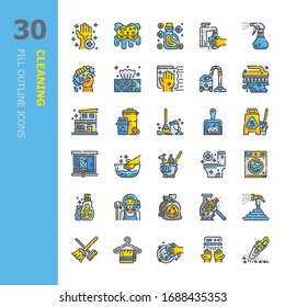Cleaning, Laundry, Sponge and Vacuum cleaner, Washing machine, Housekeeping service and Maid equipment symbols 30 Fill Outline icons set.Icon design for web design, application,website and graphic des