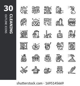 Cleaning, Laundry, Sponge and Vacuum cleaner, Washing machine, Housekeeping service and Maid equipment symbols 30 Outline icons set.Icon design for web design, application,website and graphic design. 