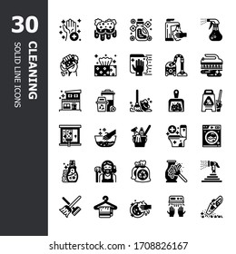 Limpieza, Lavandería, Limpiador de Esponja y Vacío, Lavadora, Servicio de limpieza y Equipamiento de empleada 30 iconos de línea sólida. Diseño de iconos para diseño web, aplicación móvil, sitio web   gráfico  