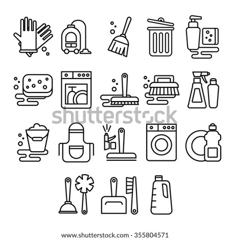 Cleaning, laundry, washing, broom, cleanliness, washing windows, freshness, bucket vector icons in flat style