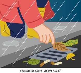 Cleaning leaves from a drain in the rain