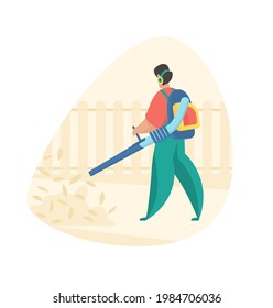 Cleaning leaves in garden with leaf-blower. Man cleans garden area from debris with air blower. Autumn cleaning streets fallen leaves. Janitor keeps things clean. Vector flat illustration isolated