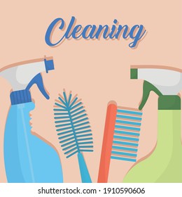 cleaning lettering, brushes and splash icons vector illustration design