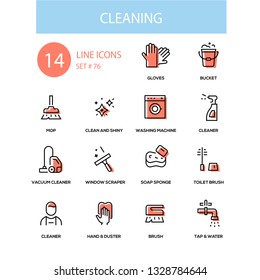 Cleaning - line design icons set. High quality black pictogram. Gloves, bucket, mop, clean and shiny, washing machine, vacuum cleaner, window scraper, soap sponge, toilet brush, hand and duster, tap
