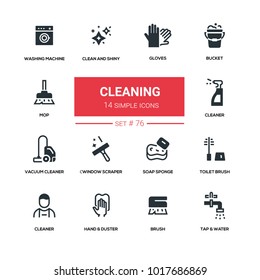 Cleaning - line design silhouette icons set. High quality black pictogram. Gloves, bucket, mop, clean and shiny, washing machine, vacuum cleaner, window scraper, soap sponge, toilet brush, duster, tap