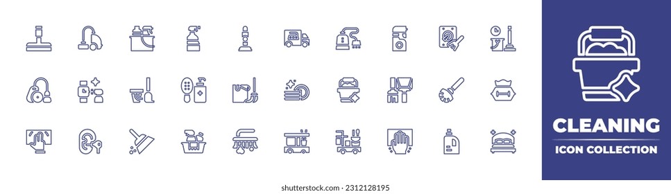 Cleaning line icon collection. Editable stroke. Vector illustration. Containing glass cleaner, vacuum cleaner, products, spray, cleaning service, vaccum cleaner, cleaning, data.