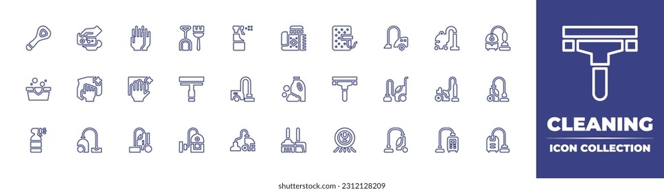 Colección de iconos de línea de limpieza. Trazo editable. Ilustración vectorial. Conteniendo un limpiador de lengua, una esponja, guantes de limpieza, herramienta de limpieza, limpiador de vidrio, alfombra, colchón, aspiradora, lavavajillas, limpiador.