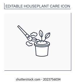 Icono de línea de limpieza. Eliminar el polvo de las plantas. Jardinería doméstica. Concepto de cuidado de plantas domésticas.Ilustración vectorial aislada.Accidente cerebral editable