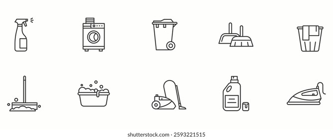 Cleaning line Icon Set. Broom, dusting, household, mop . Vector Illustration
