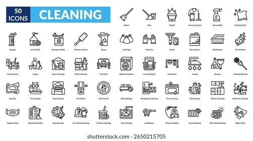 cleaning line icon set. Broom, Mop, Bucket, Vacuum Cleaner, Spray Bottle, Cleaning Cloth, Sponge