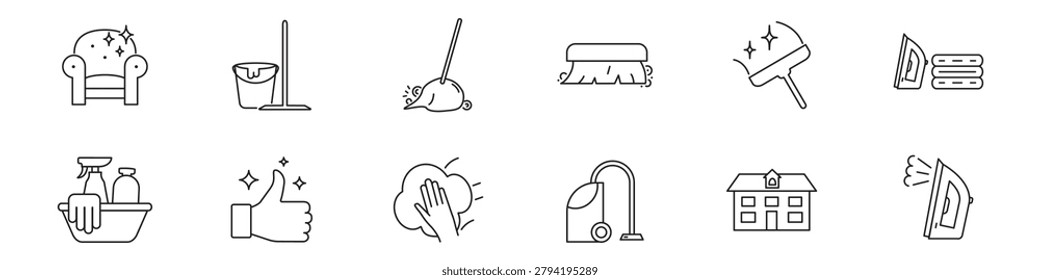 Cleaning line icon set isolated on transparent background with editable stroke. Includes cleaning tools, ironing, home cleaning, office maintenance, housekeeping professional cleaning service symbols.
