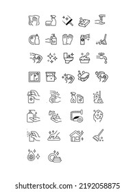 Cleaning line icons editable stroke vector image.Simple Set of Disinfection and Cleaning Related Vector Line Icons. Contains such Icons as Man in Disinfection Protective Suite, Sanitizer, Spray more.