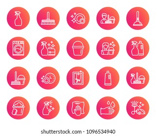 Cleaning line icons. Laundry, Sponge and Vacuum cleaner signs. Washing machine, Housekeeping service and Maid equipment symbols. Window cleaning and Wipe off. Trendy gradient circle buttons. Vector