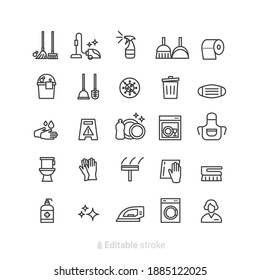 Iconos de línea de limpieza. Señales de limpieza de lavado, esponja y vacío. Lavadora, servicio de limpieza y símbolos de equipamiento de doncella. Limpieza de ventanas y desconexión. Icono de Limpieza comercial. Trazo editable
