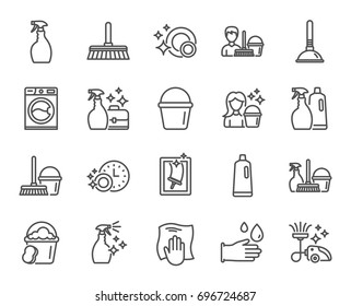 Cleaning line icons. Laundry, Sponge and Vacuum cleaner signs. Washing machine, Housekeeping service and Maid equipment symbols. Window cleaning and Wipe off. Quality design elements. Editable stroke