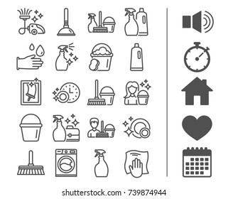 Cleaning line icons. Laundry, Sponge and Vacuum cleaner signs. Washing machine, Housekeeping service and Maid equipment symbols. Window cleaning and Wipe off. Bonus classic signs. Editable stroke