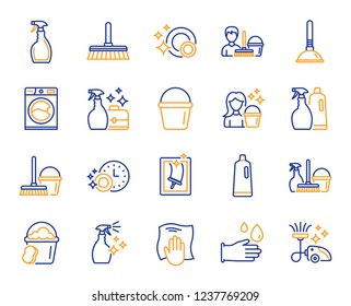 Cleaning line icons. Laundry, Window sponge and Vacuum cleaner icons. Washing machine, Housekeeping service and Maid cleaner equipment. Window cleaning, Wipe off, laundry washing machine. Vector