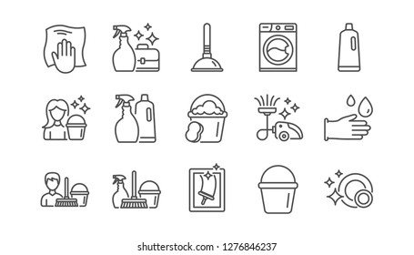 Cleaning line icons. Laundry, Window sponge and Vacuum cleaner. Washing machine linear icon set.  Vector